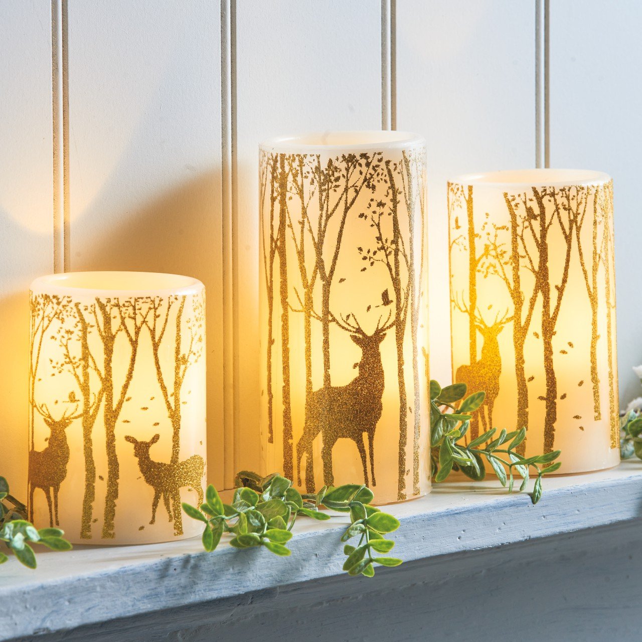 Set of 3 Christmas Woodland LED Pillar Candles