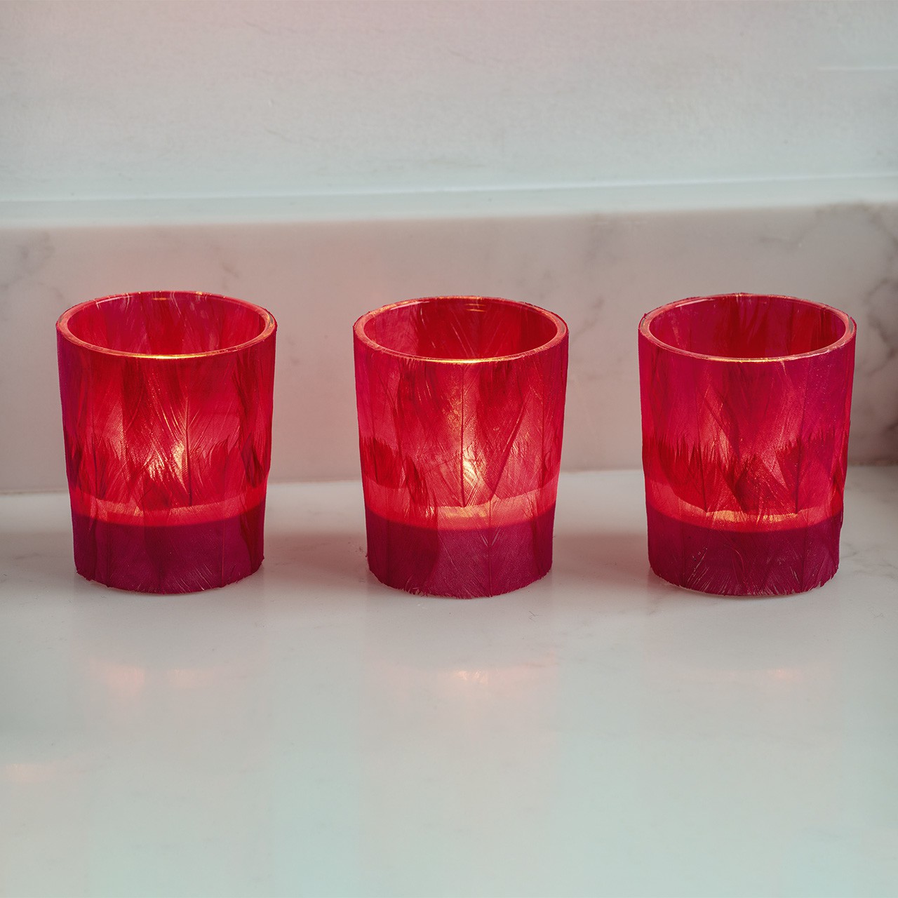 Red Feather Glass Tea-light Holder - Set of 3