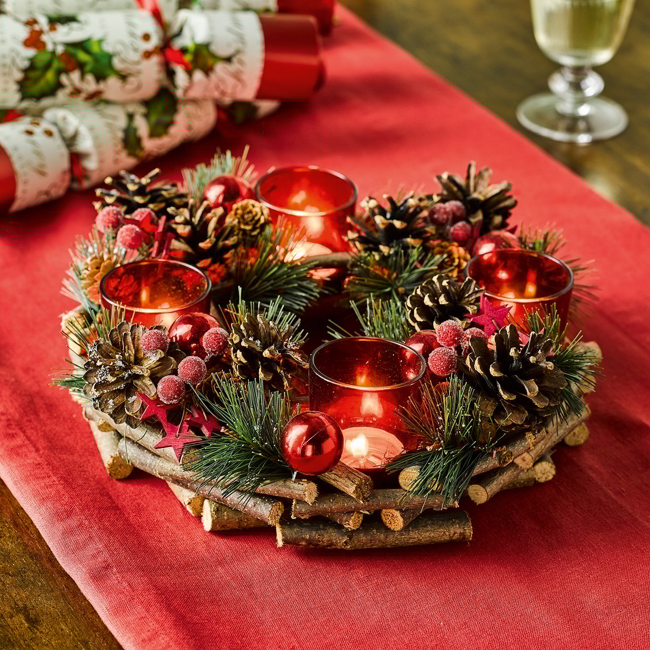 Berry and Pine Centrepiece with 4 LED Candleholders