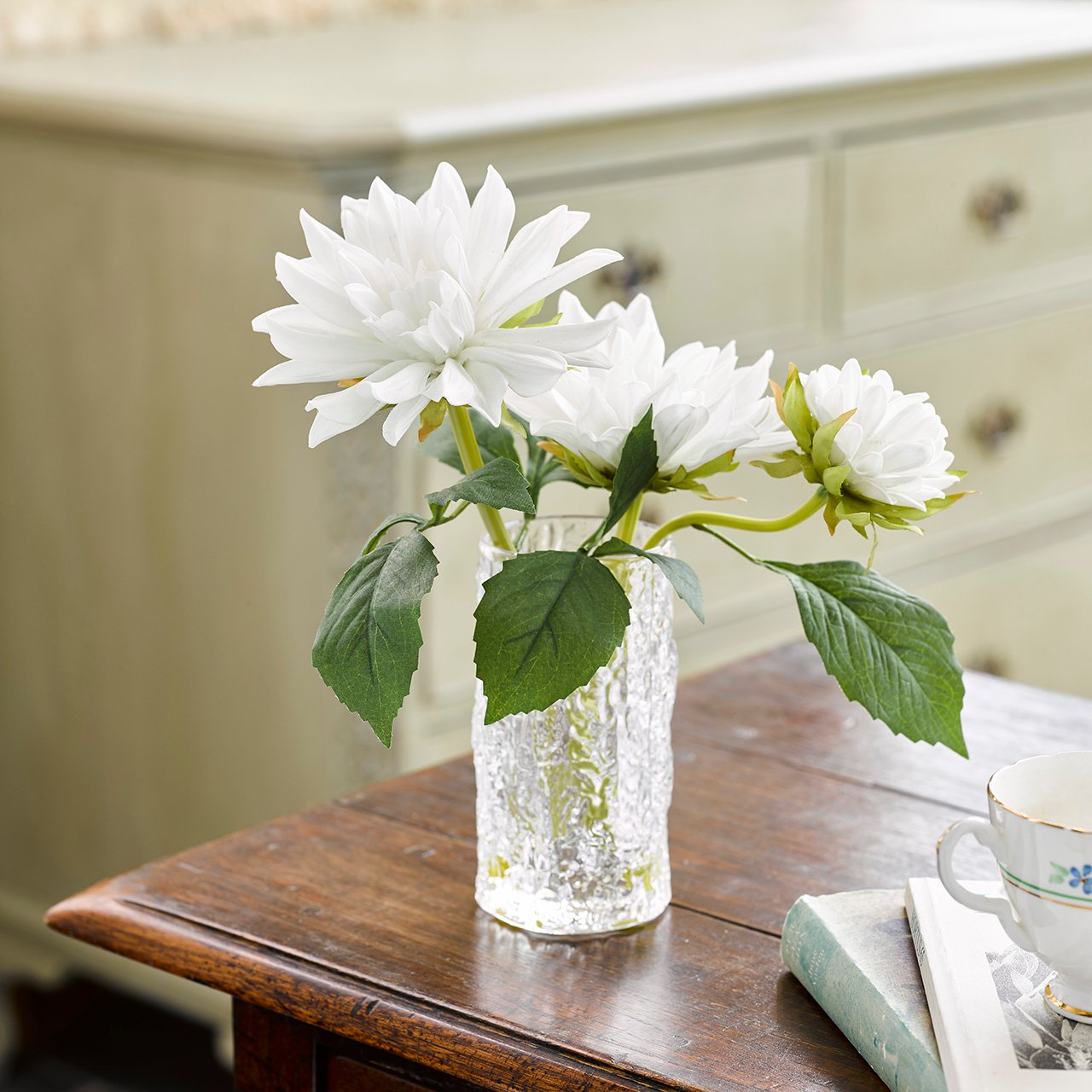 White Dahlias in Ripple Vase