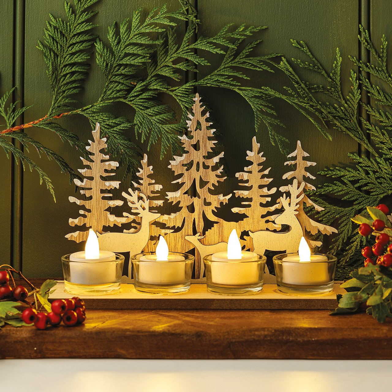 Reindeer & Trees LED Tea Light Holder