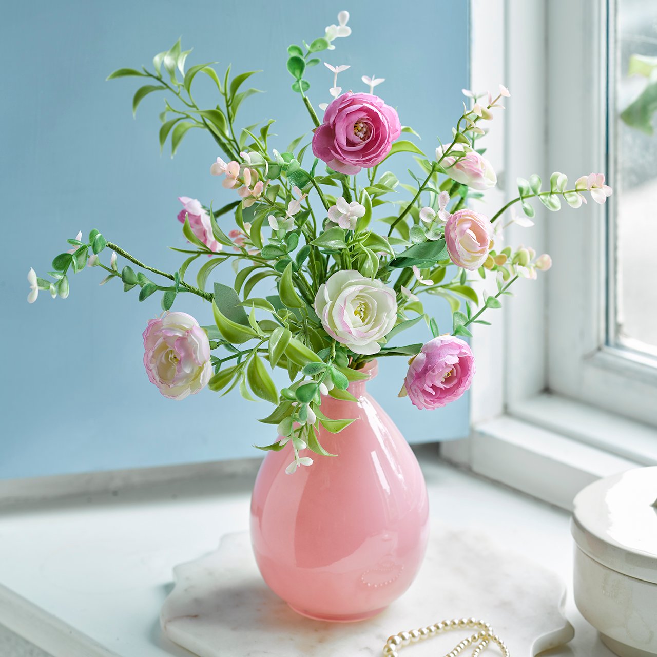 Pink Ranunculus and Eucalyptus Arrangement