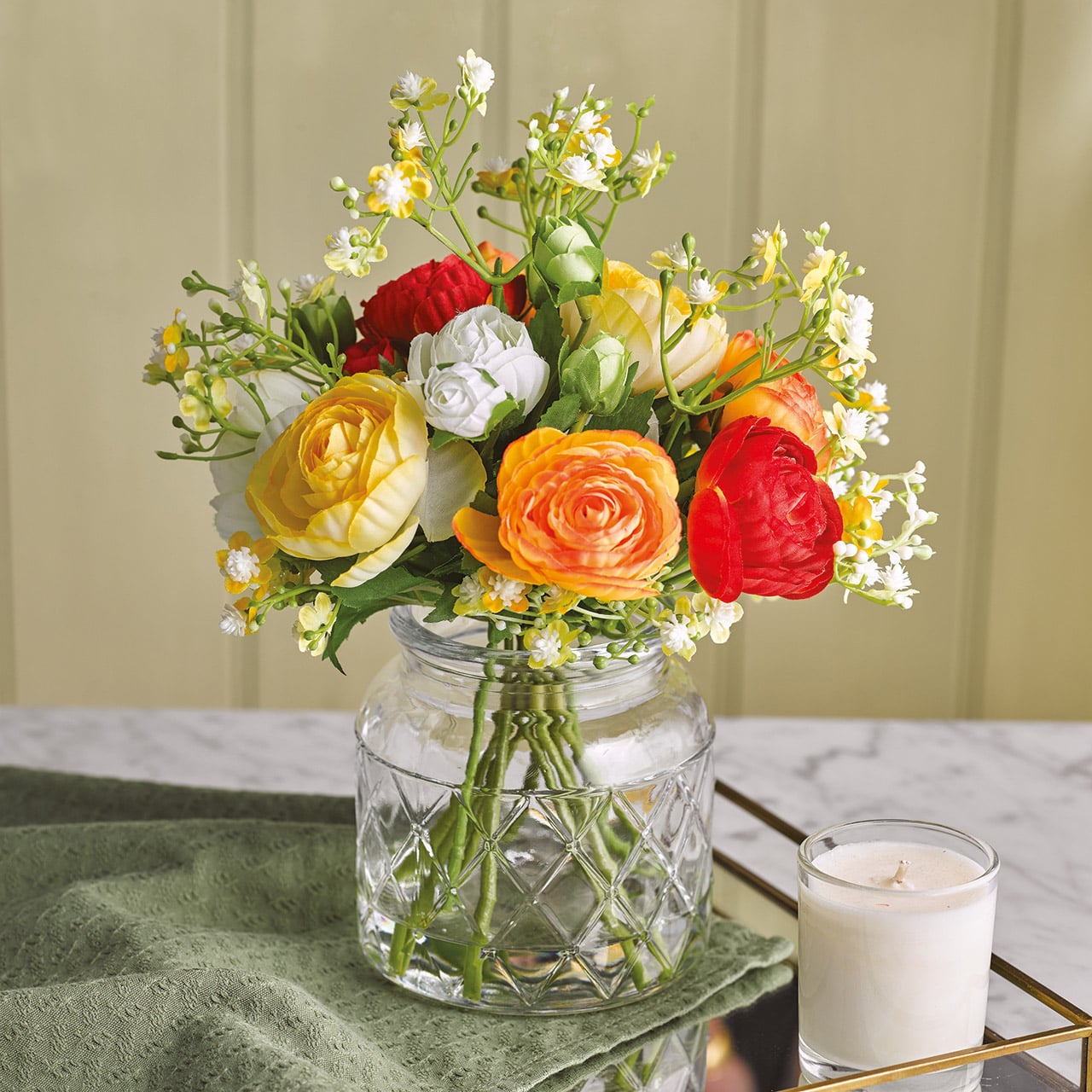 Yellow Ranunculus and Gypsophilia Arrangement