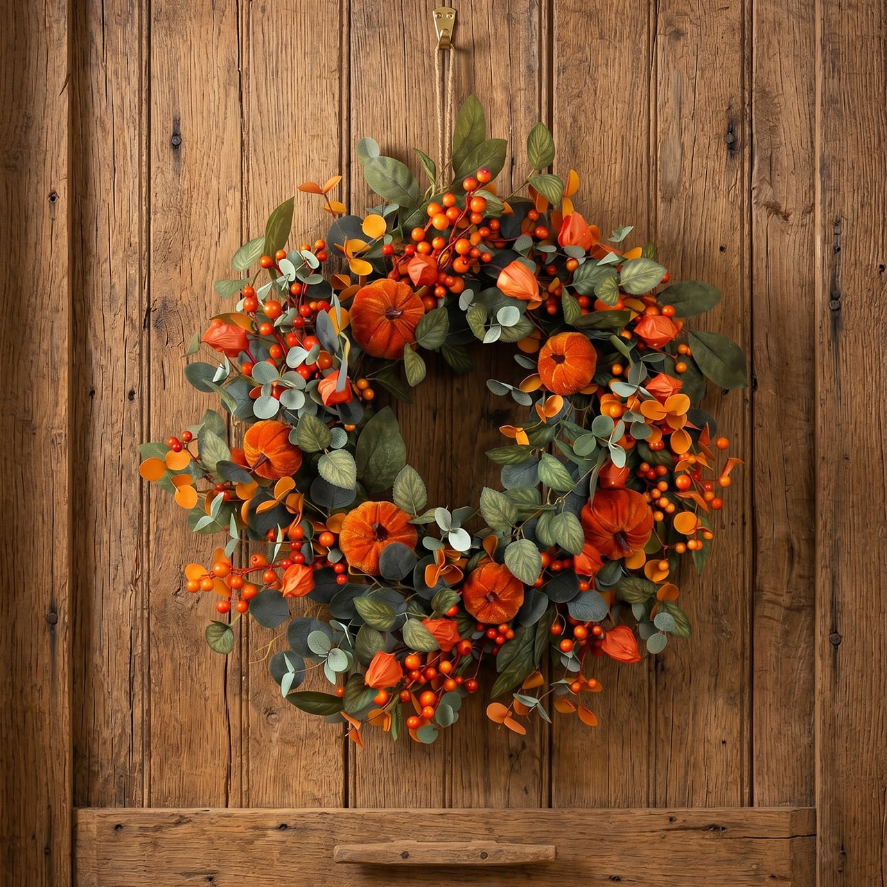 Chinese Lantern and Pumpkin Wreath