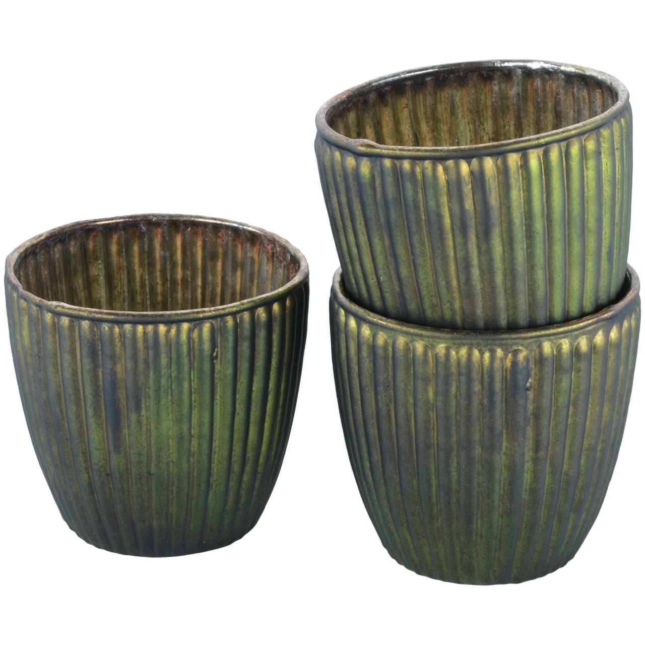Set of 3 Green Ribbed Pots