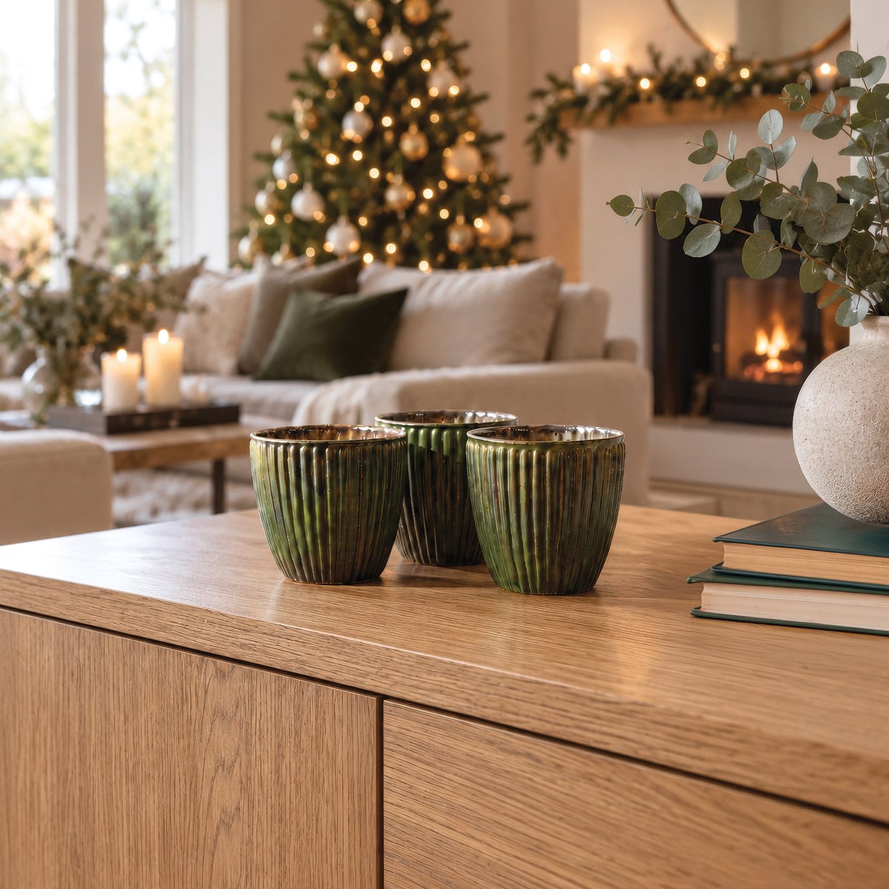 Set of 3 Green Ribbed Pots