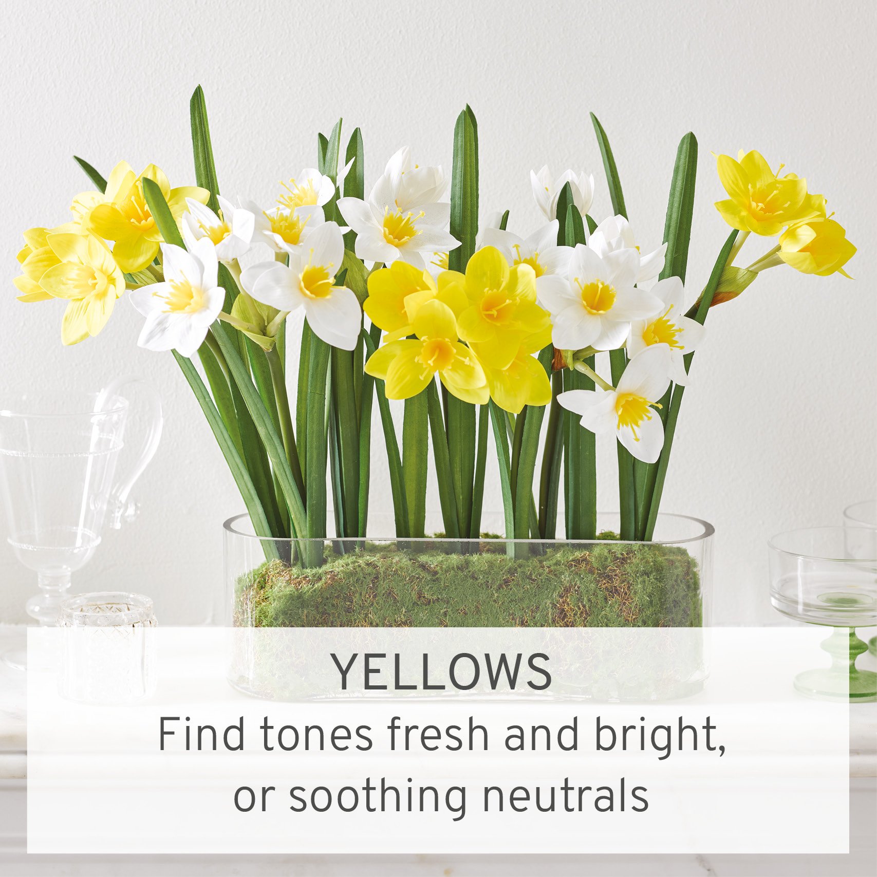 Faux yellow and white daffodils in moss lined glass vase