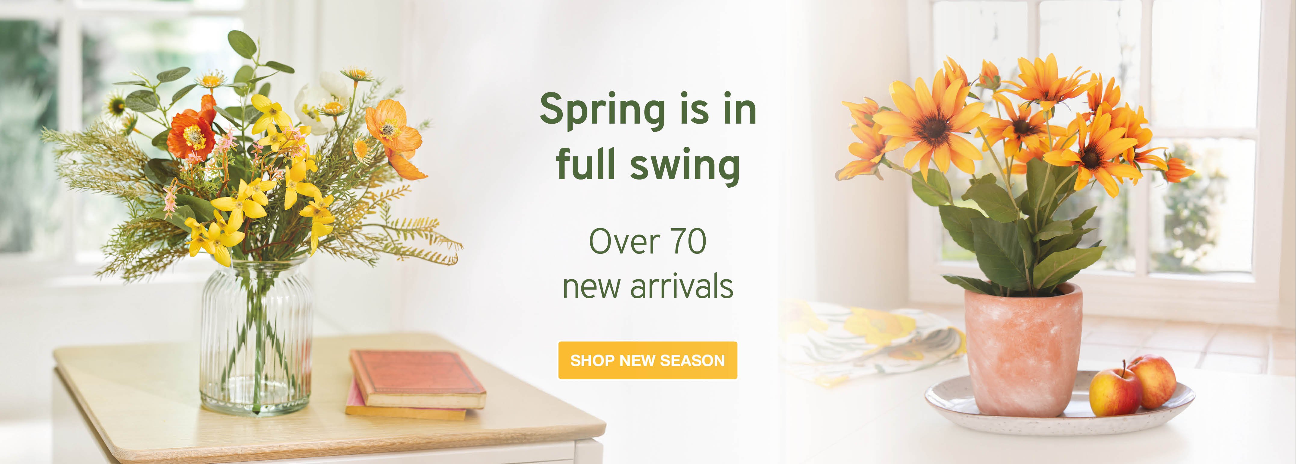 Two floral arrangements showcasing vibrant spring flowers in clear vases,