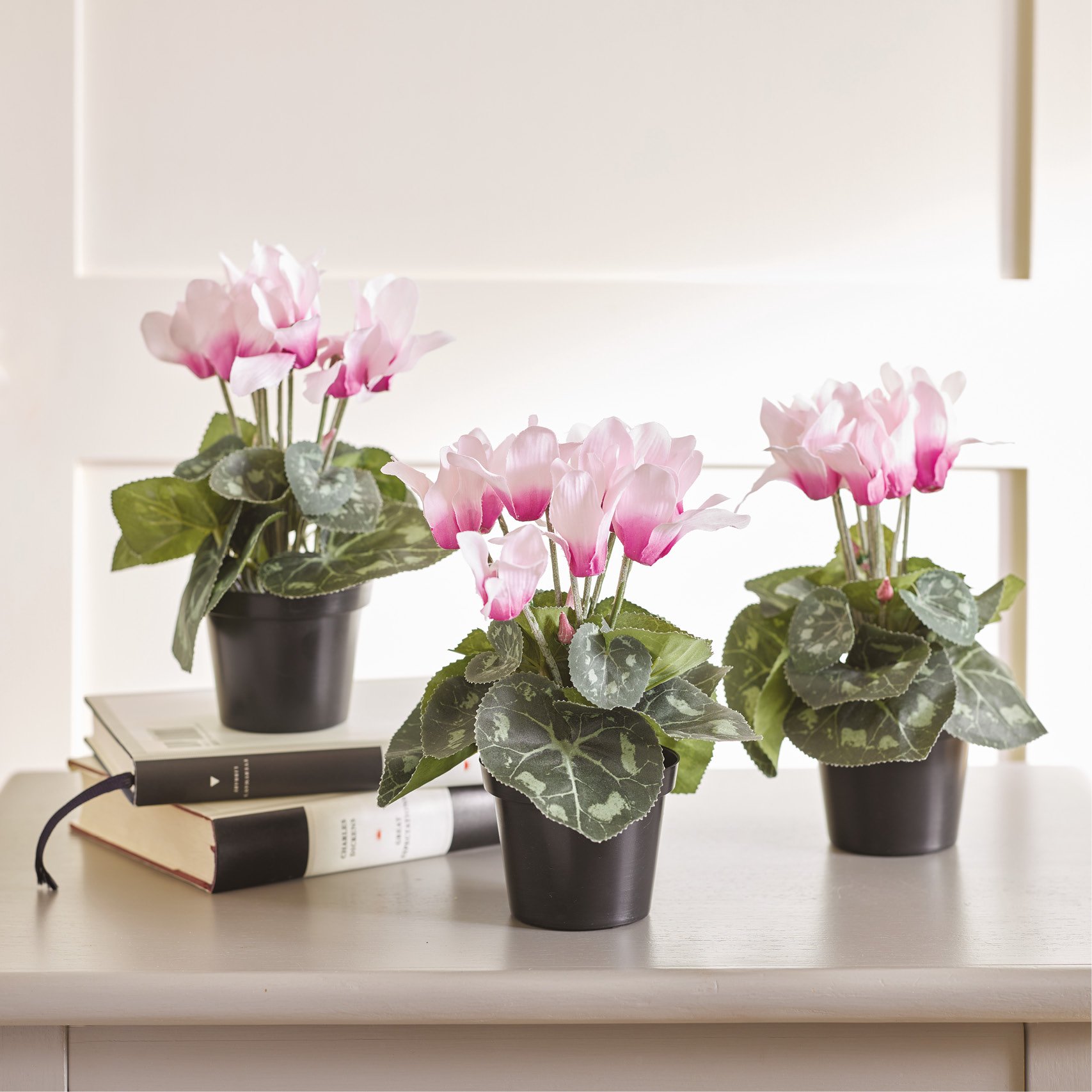 3 pink faux cyclamens in black planters