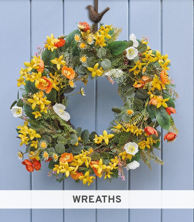 Spring door wreath with yellow and orange flowers